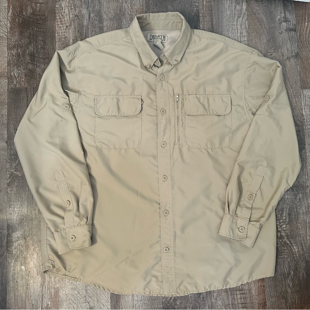 Duluth Trading Shirt Mens XL Tan Dry On The Fly Hybrid Hiking Snap